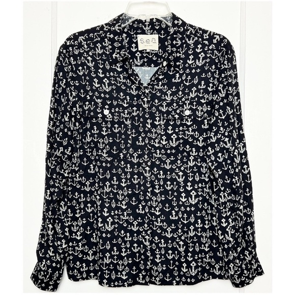 SEA NEW YORK Nautical Anchor Print Long Sleeve Collared Button Up Pocket Shirt 6 - Picture 1 of 12